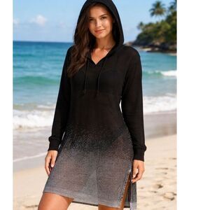 Sheer Knit Hoodie Cover Up Black Swim Beach Coverup Side Slit Dress Y2K M